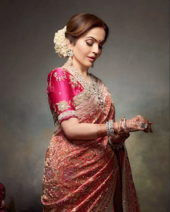 Nita Ambani Pure Katan Banarasi Handloom Saree - All over Zardozi