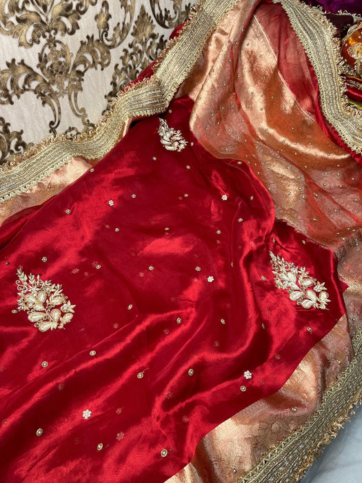 Red Pure Banarasi Tissue Handloom Saree - Handwork
