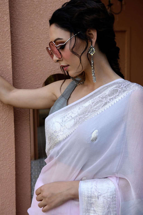 Italian Rose Pure Kadhwa Chiffon Georgette Banarasi Saree - Silver Zari