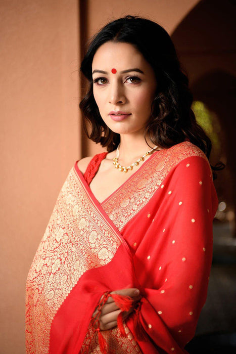 Crimson Red Khaddi Georgette Banarasi Handloom Saree - Gold Zari