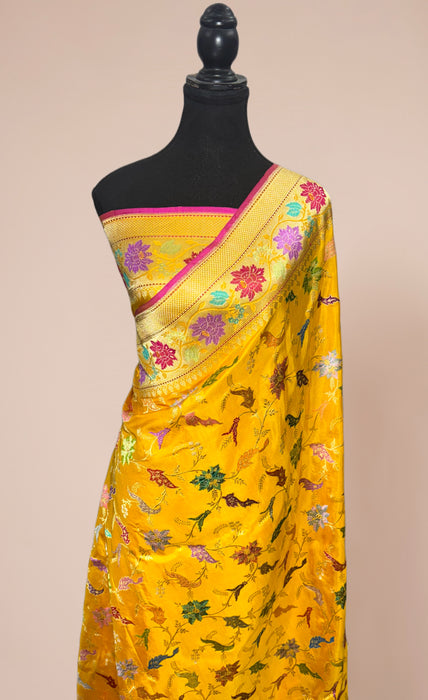 Yellow Ektara Pure Katan Silk Banarasi Handloom Saree - Kadhiyal Jangla with Tested Zari