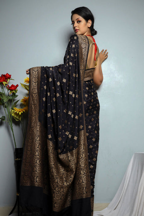 Black Pure Khaddi Crepe Banarasi Handloom Saree
