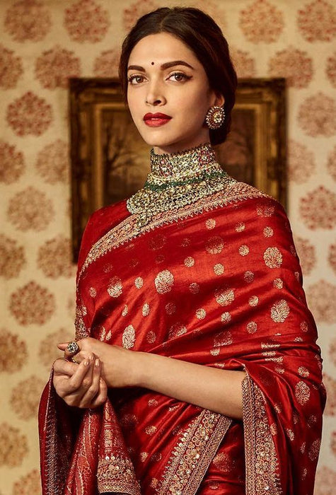 Deepika Padukone Red Pure Katan Silk Banarasi Handloom Saree - Kadhwa Motifs