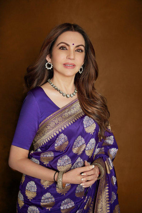 Nita Ambani Pure Katan Banarasi Handloom Saree - Sona Roopa Jaal Work