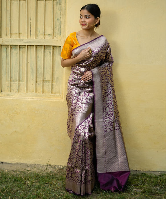Magenta Pure Katan Banarasi Handloom Saree - Sona Jaal Work