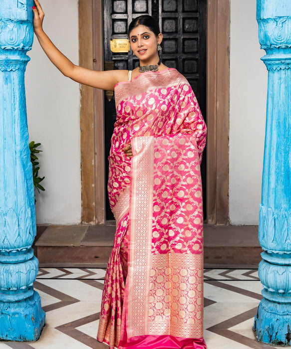 Pink Pure Katan Banarasi Handloom Saree - Sona Jaal Work