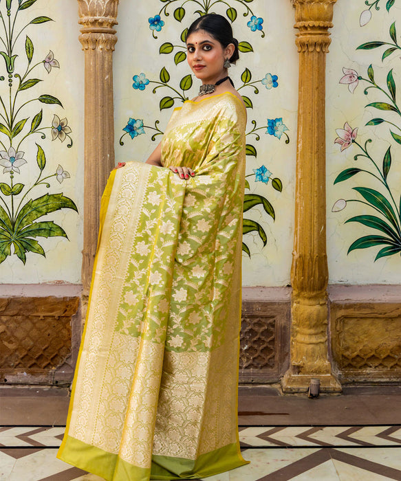 Yellow Pure Katan Banarasi Handloom Saree - Sona Jaal Work