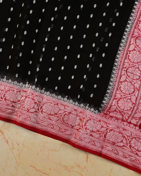 Black & Red Pure Khaddi Georgette Banarasi Saree - Silver Zari