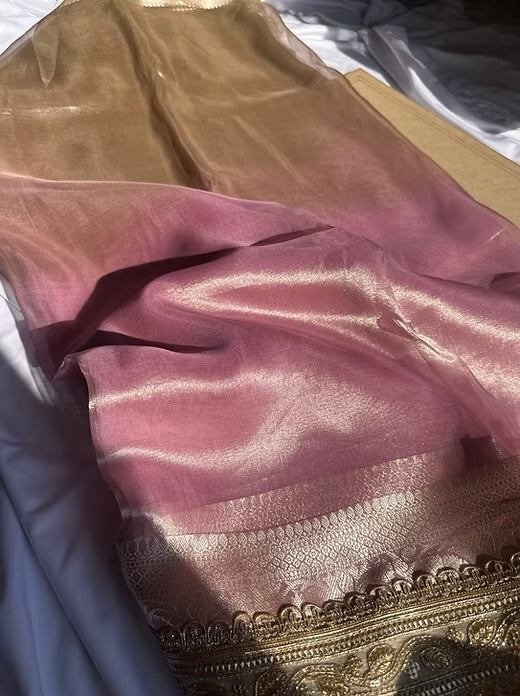 Dual Shade Pink Pure Banarasi Tissue Handloom Saree - Designer Brocade