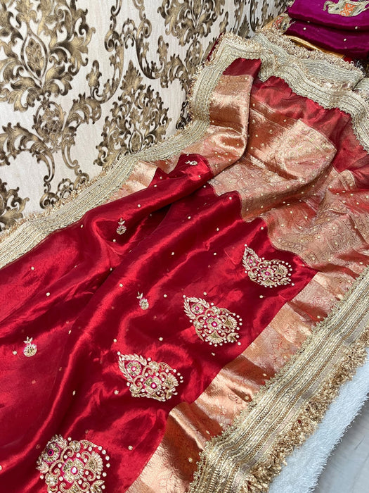 Red Pure Banarasi Tissue Handloom Saree - Handwork
