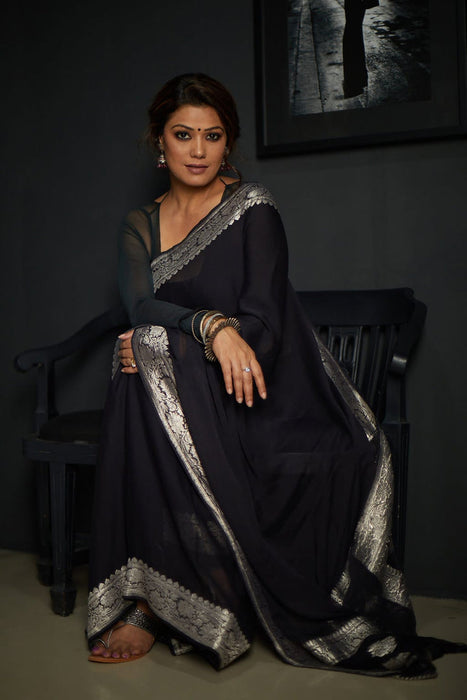 Black Pure Kadhwa Chiffon Georgette Banarasi Saree - Silver Zari