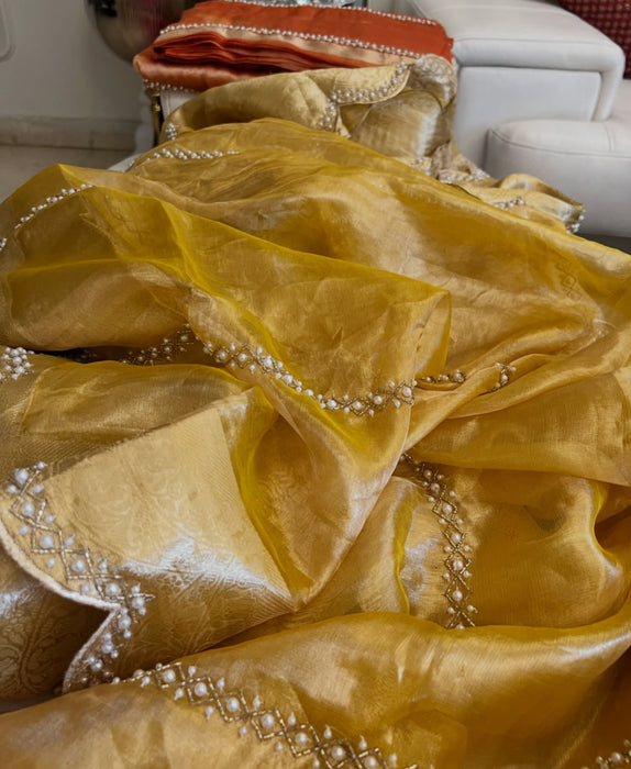 Yellow Pure Banarasi Tissue Handloom Saree - Handwork