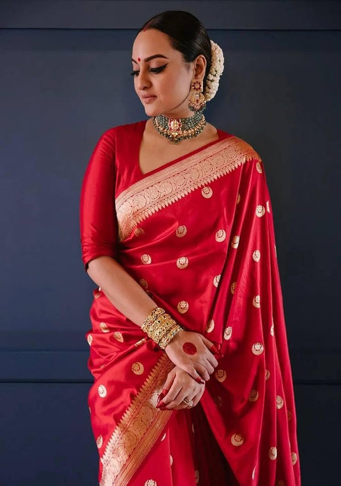 Sonakshi Sinha Red Pure Katan Silk Banarasi Handloom Saree - Kadhwa Motifs