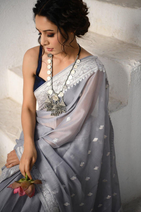Gray Pure Kadhwa Chiffon Georgette Banarasi Saree - Silver Zari
