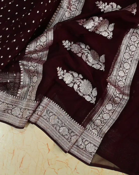 Pure Khaddi Georgette Banarasi Saree - Silver Zari