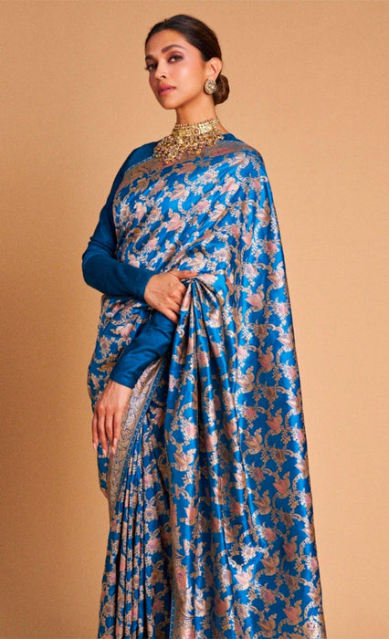 Deepika Padukone Pure Katan Banarasi Handloom Saree - Sona Meenakari Jaal Work