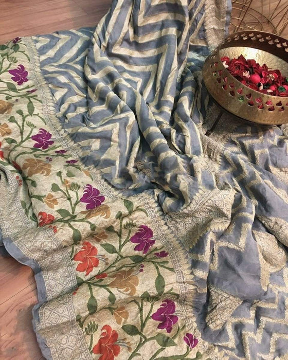 Spanish Grey Pure Khaddi Chiffon Banarasi Saree