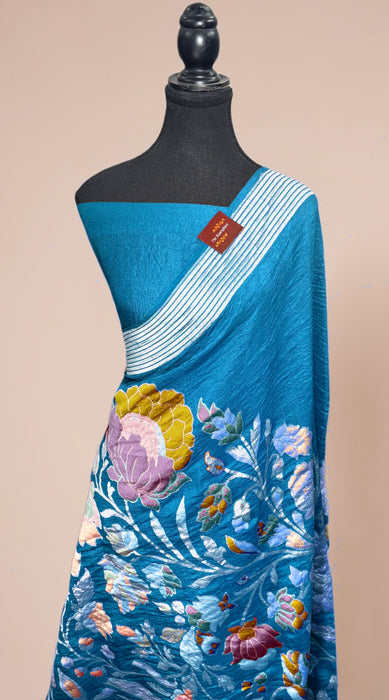 Persian Blue Pure Tussar Georgette Banarasi Handloom Saree - Designer Meenakari