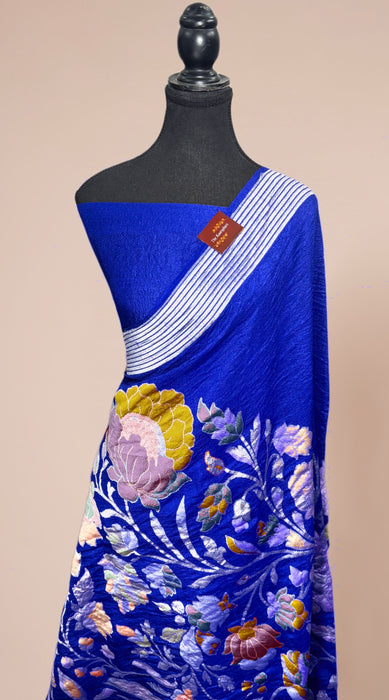 Royal Blue Pure Tussar Georgette Banarasi Handloom Saree - Designer Meenakari