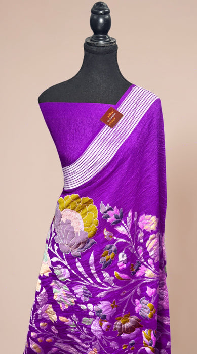 Purple Pure Tussar Georgette Banarasi Handloom Saree - Designer Meenakari