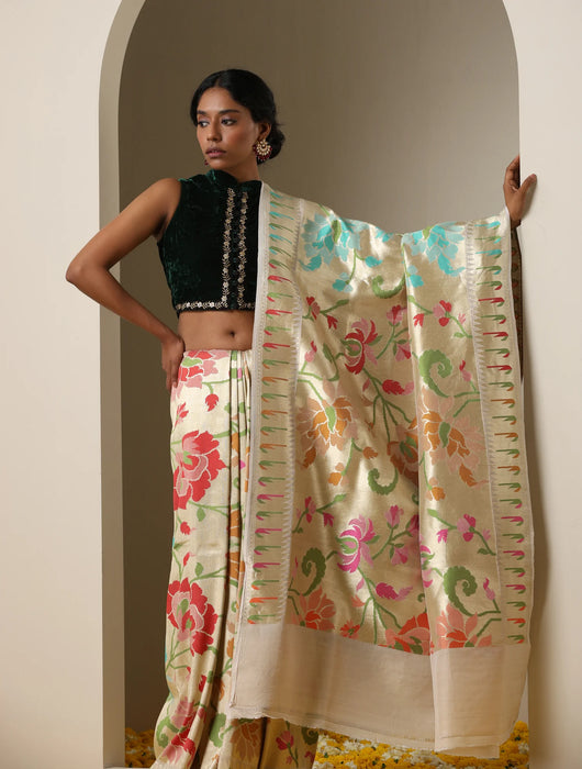 Ivory Pure Tussar Georgette Banarasi Handloom Saree - Paithani
