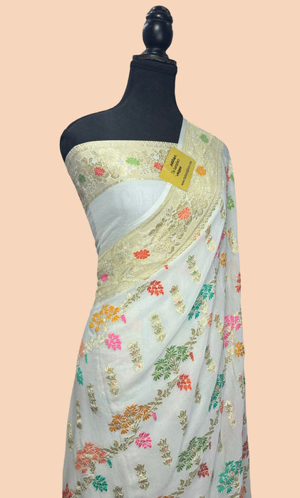 White Khaddi Georgette Banarasi Saree - Meenakari