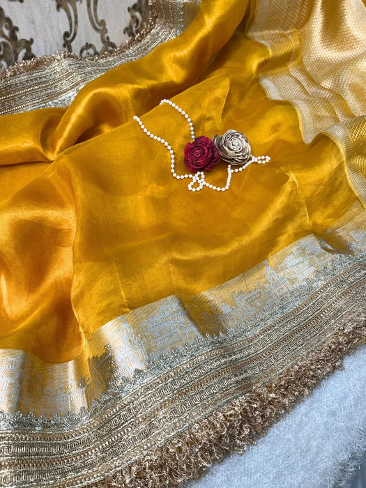 Mustard Pure Banarasi Tissue Handloom Saree - Designer Reshmi Zari
