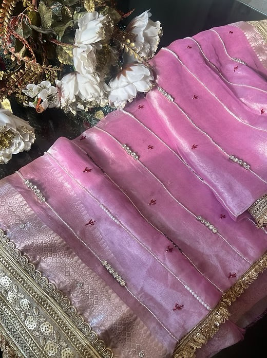Pink Pure Banarasi Tissue Handloom Saree - Handwork