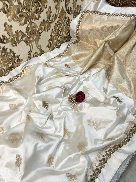 White Pure Raw Mango Katan Banarasi Handloom Saree - Handwork Zardozi