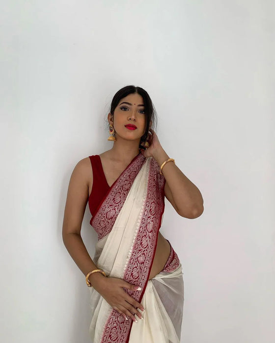 Pure Kadhwa Chiffon Georgette Banarasi Saree - Silver Zari
