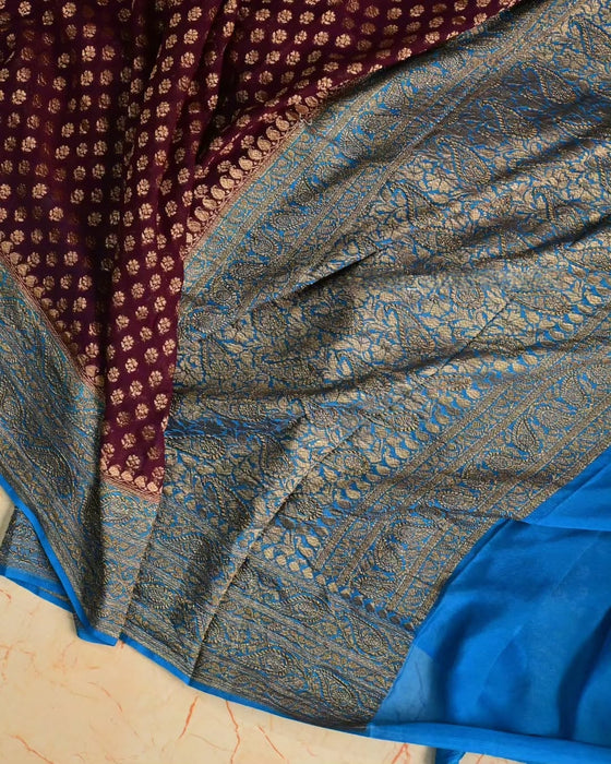 German Wine Khaddi Georgette Banarasi Handloom Saree - Antique Zari