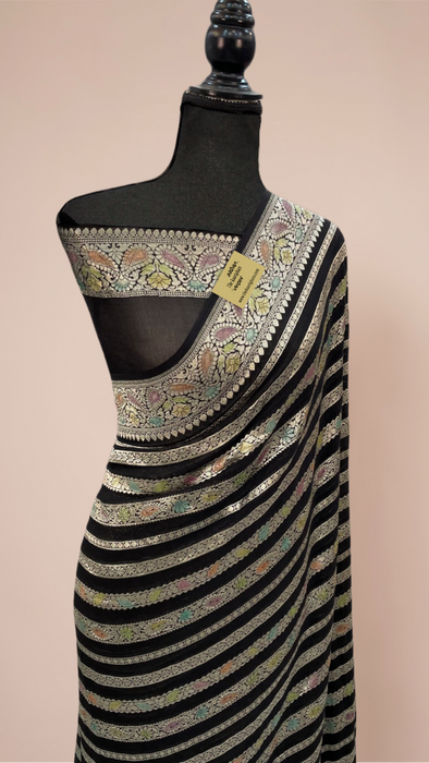 Black Khaddi Georgette Banarasi Handloom Saree - Hand Filled Meenakari