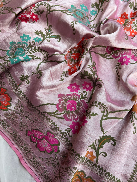 Pink Pure Tussar Georgette Banarasi Handloom Saree - Brocade Meenakari