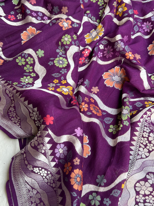 Magenta Pure Tussar Georgette Banarasi Handloom Saree - Pashmina Meenakari