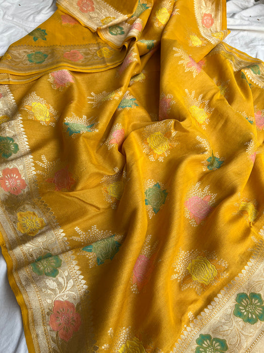 Mustard Pure Tussar Georgette Banarasi Handloom Saree - Tilfi Meenakari