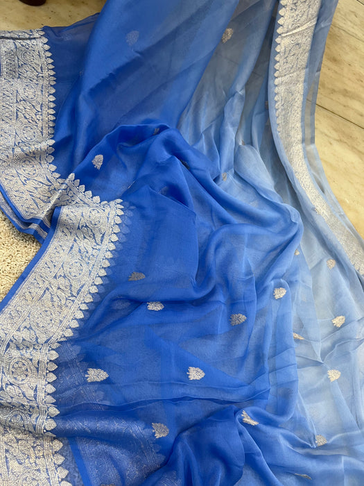 Double Blue Pure Kadhwa Chiffon Georgette Banarasi Saree