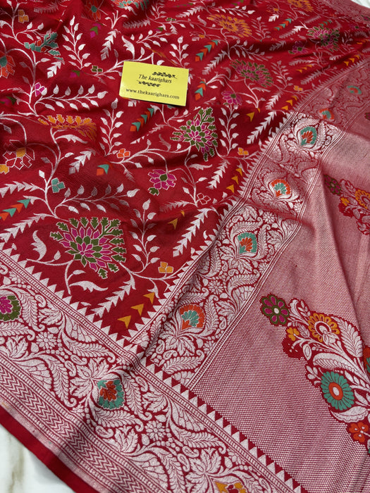 Red Pure Tussar Georgette Banarasi Handloom Saree - Paithani