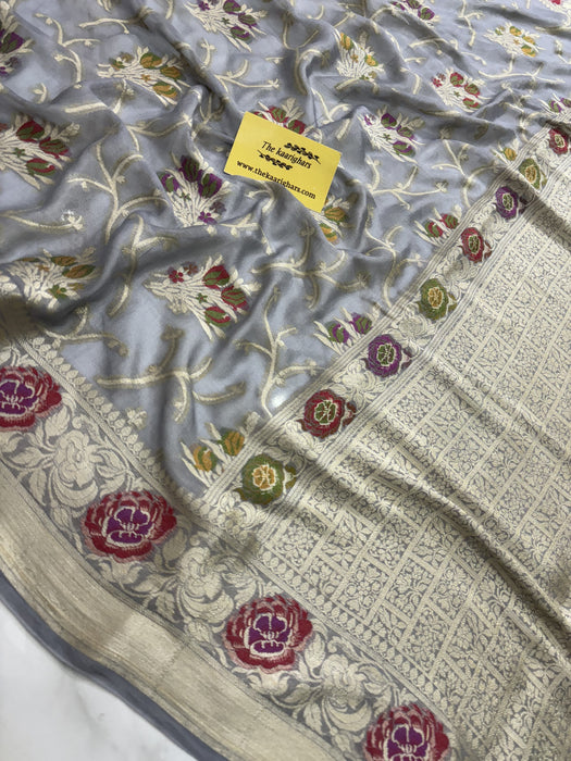 Gray Pure Khaddi Chiffon Banarasi Saree