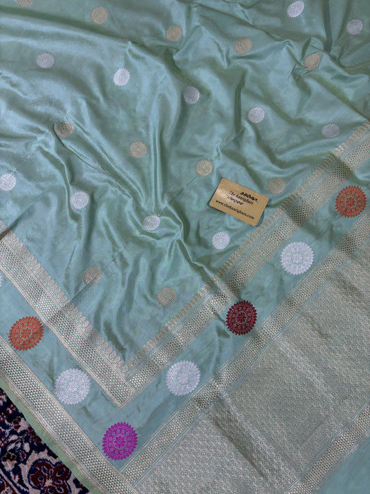 Pista Pure Katan Banarasi Handloom Saree - Kadhiyal Sona Roopa Meenakari