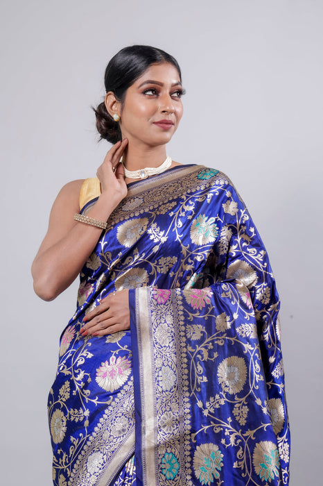 Blue Pure Katan Banarasi Handloom Saree - Meenakari Jaal Work