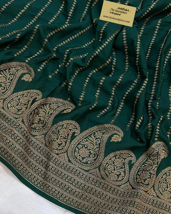 Bottle Green Pure Khaddi Crepe Banarasi Handloom Saree