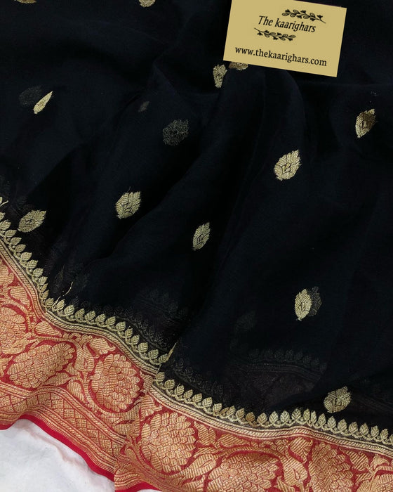 Black Pure Kadhwa Chiffon Banarasi Saree