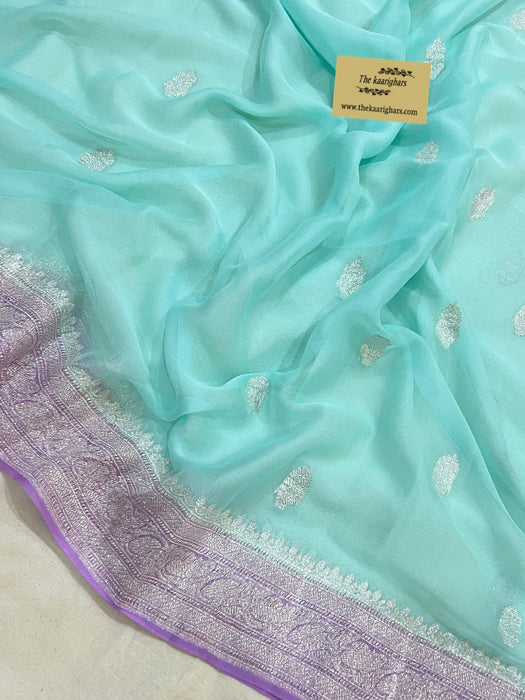 Light Blue Pure Kadhwa Chiffon Georgette Banarasi Saree