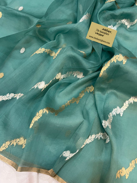 Persian Blue Pink Pure Kora Banarasi Handloom Saree