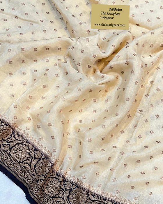 Cream Pure Khaddi Crepe Banarasi Handloom Saree