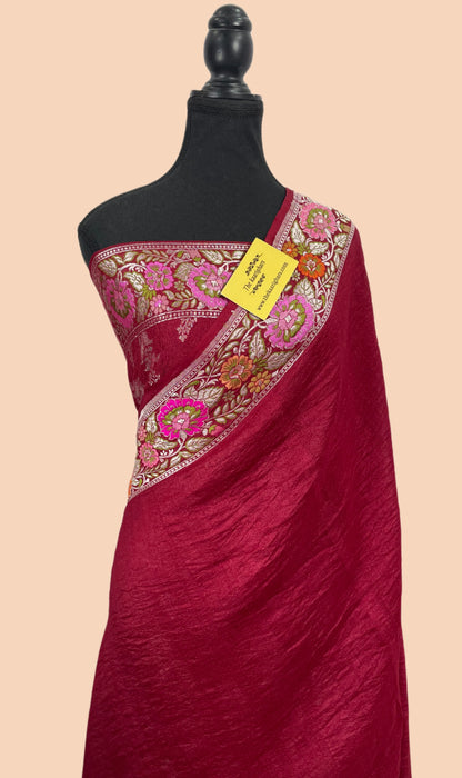 Rich Maroon Pure Tussar Georgette Banarasi Handloom Saree - Meenakari Work