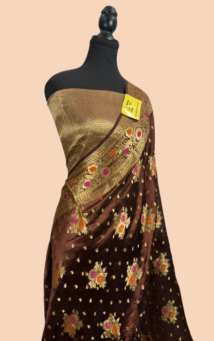 Spanish Brown Pure Dupion Banarasi Handloom Saree - Meenakari