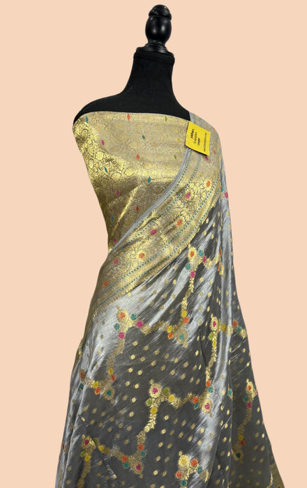 Persian Gray Pure Dupion Banarasi Handloom Saree - Meenakari
