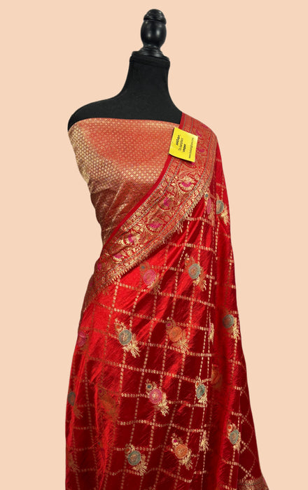Red Pure Dupion Banarasi Handloom Saree - Meenakari