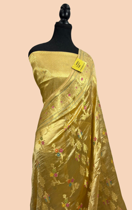 Cream Pure Dupion Banarasi Handloom Saree - Meenakari